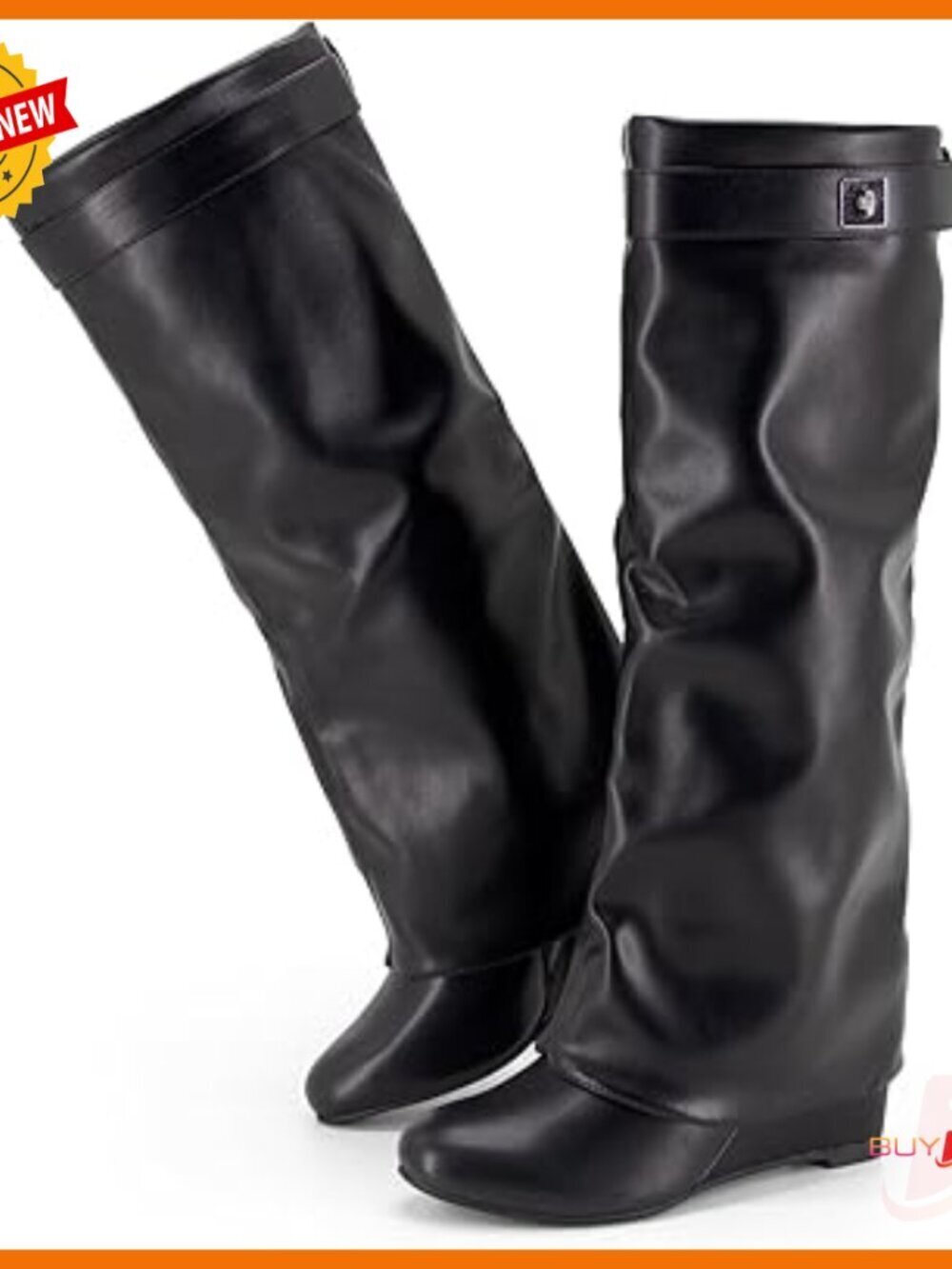 Knee High Wedge Heel Boots Fold Over Design Round Toe Faux Leather